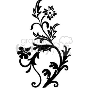 Black and white illustration of a floral design featuring stylized flowers and leaves forming a vine-like pattern.