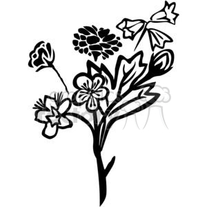 Black and white floral clipart featuring a variety of flowers and leaves in an organic design.