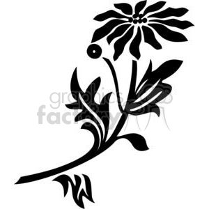 Black and white floral clipart featuring a stylized flower with curved petals and leaves, suitable for vinyl cutting and organic designs.