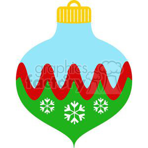 A clipart image of a colorful Christmas ornament with blue, red, and green sections, featuring white snowflakes and a yellow cap.