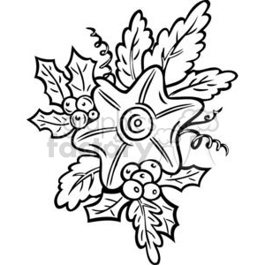 Black and white clipart of a festive Christmas decoration, featuring a star ornament surrounded by holly leaves and berries.