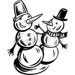 A black and white clipart image of two happy snowmen in a festive winter scene. One snowman is wearing a bucket as a hat, while the other sports a traditional top hat and scarf.