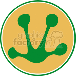 The image shows a stylized representation of a frog's footprint. It features a circular frame with a solid green shape resembling a frog's three-toed foot with rounded toes, set against a yellowish-orange background.