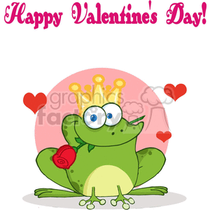 Cartoon frog wearing a crown, holding a rose in its mouth with hearts around it, and 'Happy Valentine's Day' text.