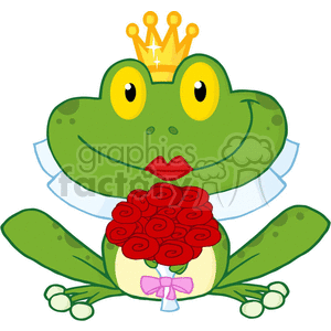 This clipart image features a cartoon frog with a playful and whimsical design. The frog has large, expressive eyes, and it's wearing a small golden crown on its head, which suggests a royal or princely theme. It has a collar resembling a white shirt collar around its neck, and its lips are colored red in a way that mimics lipstick, giving the frog a more human-like appearance. The frog is holding a bouquet of red roses tied with a light pink ribbon, which could imply a romantic or celebratory gesture.