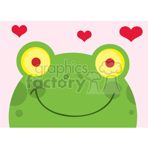 The image is a simple and whimsical drawing of a green frog's face. Its features include big round eyes with yellow and red concentric circles, a happy smile, and a few darker green spots on the cheeks and forehead suggestive of a typical frog's skin pattern. Above the frog, there are three red hearts floating, suggesting that the frog is feeling love or happiness.