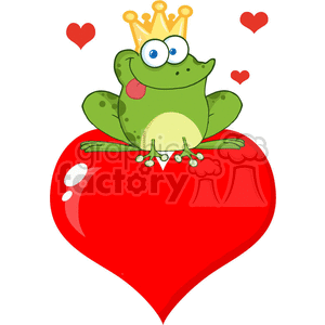 The clipart image depicts a whimsical green frog sitting atop a large red heart. The frog wears a golden crown and appears to be smiling with its tongue playfully sticking out. There are two smaller red hearts floating above the frog's head, suggesting that the image is themed around love or romance, potentially referencing the fairy tale notion that frogs can turn into princes. The clipart has a cartoonish and friendly aesthetic that could be suitable for Valentine's Day or similar love-themed occasions.