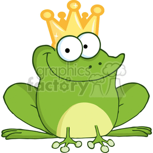 The clipart image features a whimsical, cartoon-style frog. The frog is a bright shade of green with a lighter green belly, and it is smiling. Its large, exaggerated eyes suggest a playful or surprised expression. Atop the frog's head is a golden crown with visible sparkles, implying that the frog might be a king or is part of a fairy tale theme.