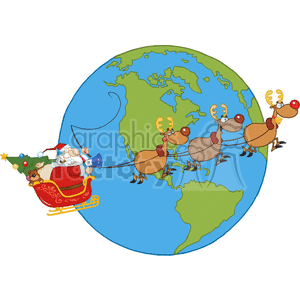 A funny clipart image of Santa Claus in a red sled pulled by reindeer flying around the Earth, with a decorated Christmas tree and gifts in the sled.