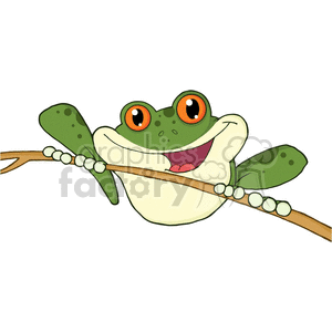   The image is a cartoon of a happy, funny-looking frog perched on a branch, smiling broadly with big, bright orange eyes. The frog
