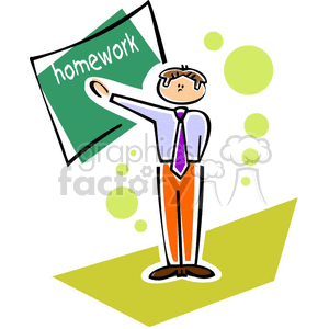 Cartoon teacher humorously presenting homework to students, wearing bright clothing with whimsical design elements.