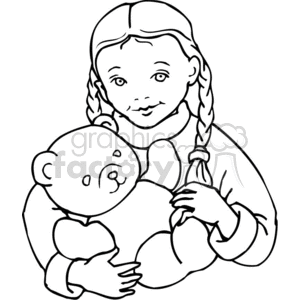Black and white outline of little girl with a teddybear 