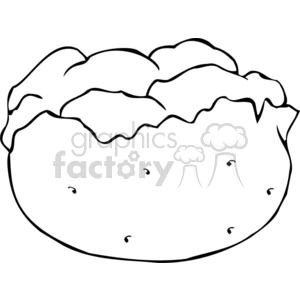 A black and white clipart image of a baked potato with the top opened