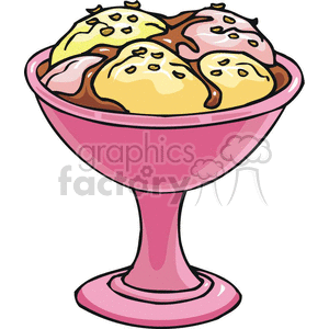 A colorful clipart image of an ice cream sundae in a pink dish, featuring scoops topped with chocolate syrup.