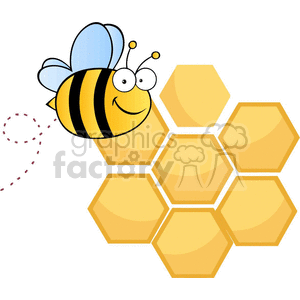 A clipart image featuring a cheerful cartoon bee flying near a honeycomb. The bee has blue wings, a yellow and black striped body, and is smiling.