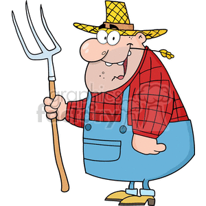 A humorous cartoon depiction of a farmer wearing a straw hat, red plaid shirt, and blue overalls, holding a pitchfork.