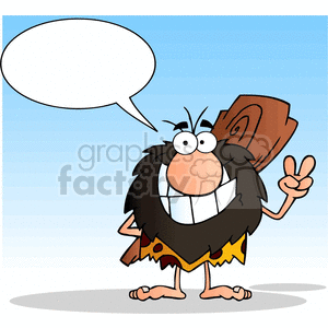 A humorous cartoon caveman character with a big beard, holding a wooden club, making a peace sign, and displaying a large toothy grin. The background is a clear blue sky with space for text in a speech bubble.