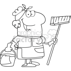 Funny Cartoon Maid with Broom and Bucket