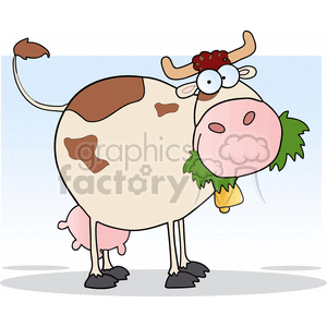 This is a humorous clipart image of a cow with exaggerated features. The cow is predominantly cream-colored with brown spots, and it has a big pink snout, large, goofy eyes, and horns. It has a bell hanging around its neck, suggesting it is a dairy cow. The cow is standing in a simple environment with a clear sky in the background.