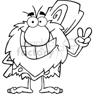 A cartoon caveman with a big smile, holding up a peace sign and carrying a large club on his shoulder, wearing a spotted loincloth.