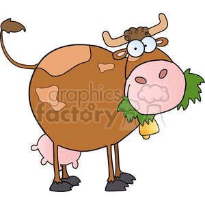The image displays a cartoonish depiction of a brown cow with large, googly eyes, and a comical expression. The cow has typical features such as horns, a tail, and an udder. It is eating some green foliage, likely grass, which is hanging out of its mouth. The image is colorful and stylized, making it suitable for a children's book or educational material about farm animals.