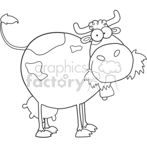 The clipart image depicts a comically stylized cow with a cheerful and goofy expression. The cow has large eyes, a big snout, and unevenly sized patches on its body. It stands upright on its two hind legs and showcases a typical cow's features such as horns, ears, a tuft of hair on its head, and a tail with a tuft at the end.