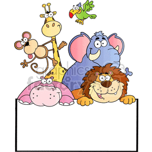 The clipart image features a fun arrangement of colorful, cartoon-style animals grouped around a blank banner or sign, which could be used to add a message or title. The animals include a giraffe, monkey, bird, elephant, hippopotamus, and lion, each depicted in a comical and friendly way, with exaggerated features and cheerful expressions. The banner provides a space at the bottom where text can be easily added, giving the impression that the animals are presenting or welcoming viewers to whatever is written there. This could be suitable for use in materials related to children, education, zoos, or animal-themed events.