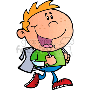 A cartoon of a boy carrying a backpack