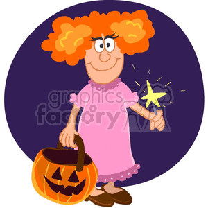 Cartoon girl in a pink dress holding a Halloween pumpkin bucket and a magic wand with a star.