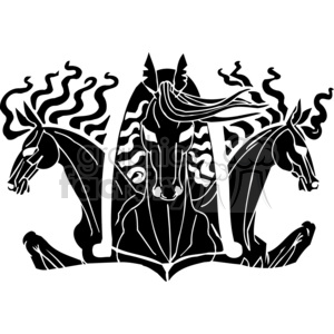 A black and white clipart illustration depicting three stylized horses with wavy manes, arranged in a symmetrical pattern.