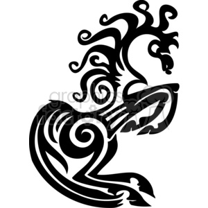 This is a black and white tribal-style clipart image of a horse. The design features intricate, swirling patterns and curves that form the body, mane, and tail of the horse.
