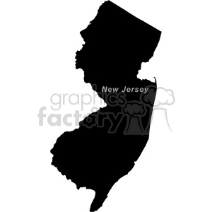 Silhouette outline map of the U.S. state of New Jersey with text labeling it.