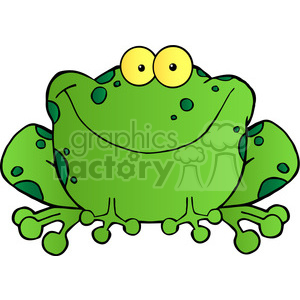 The clipart image shows a cartoon character of a happy frog, depicted with a smiling face, big eyes, and an upright posture. The frog is standing on two feet and has webbed fingers and toes. The cartoonish style and bright colors suggest that it is a playful and friendly character.