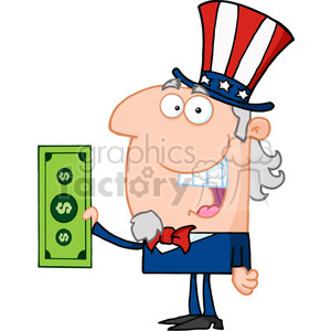 Clipart image of a cartoon character resembling Uncle Sam holding a dollar bill.