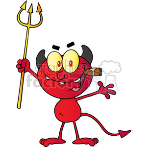 The image depicts a cartoonish character that resembles a stereotypical representation of a devil or demon. It is a red character with exaggerated round yellow eyes, horns, a pointy tail, and is holding a trident. The character is smiling and has one eyebrow raised, giving it a mischievous expression.