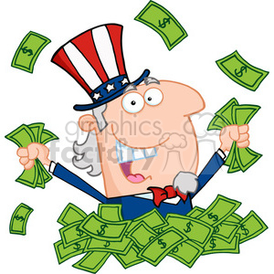 A cartoon character resembling Uncle Sam, wearing a red, white, and blue hat, holding and surrounded by numerous dollar bills.