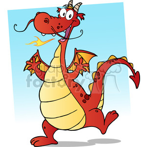   The image features a whimsical cartoon-style drawing of a red dragon with a cream-colored belly. The dragon has a playful expression, with its tongue sticking out and fire breathing out of its nostrils. It has horns with stripes, large eyes, and wings that appear slightly too small for its body. The creature