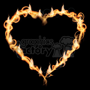 A clipart image of a heart shape made of fiery flames on a black background.
