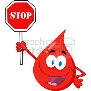   The image features a comical and anthropomorphized cartoon of a red blood drop. The blood drop has a face with big eyes and a wide smile, appearing cheerful or friendly. It is holding a stop sign in one of its 