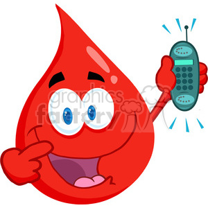 A comical illustration of a cartoon blood drop holding a phone, symbolizing a call to action for blood donation and health awareness.