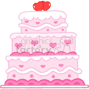 A comical pink three-tier cake with heart decorations and two red hearts on top.