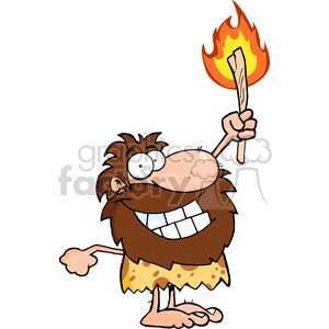   The clipart image depicts a cartoon character of a happy caveman, holding a stick on fire. The image is comical in nature, with exaggerated features such as the caveman