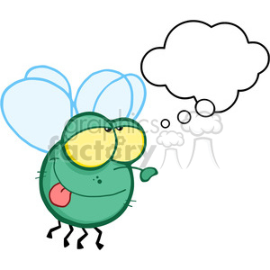   The clipart image features a comical, cartoon-style drawing of a green fly. The fly has oversized yellow eyes, blue transparent wings, a tiny arm gesturing upwards, and is sticking out its red tongue. Beside the fly, there