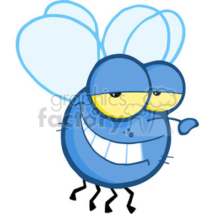 This clipart image features a comic style representation of a blue fly. The fly has large, exaggerated eyes covered with sunglasses-like lenses, a broad smiling mouth displaying white teeth, and a tongue sticking out to the side. It has a round body, four black legs, and two large transparent wings on the back.