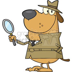   The image features a cartoonish dog character styled as a funny and comical detective or private investigator. The dog is standing upright and is equipped with classic detective paraphernalia, including a hat, a magnifying glass, and a Sherlock Holmes-style coat with a tie. The character