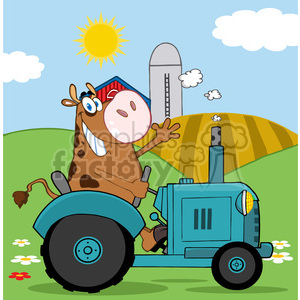 This clipart image is a colorful and comical depiction of a cheerful, anthropomorphic cow waving while driving a blue tractor across a sunny farm landscape. The farm setting includes rolling green hills, a barn, a silo, clouds, a bright sun, and flowers in the foreground.
