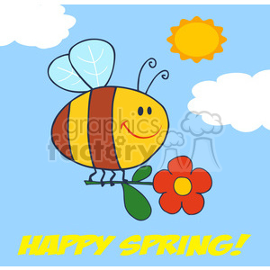 A cheerful clipart illustration featuring a smiling cartoon bee holding a red flower, with a bright sun and white clouds in the background. The words 'HAPPY SPRING!' are written at the bottom.