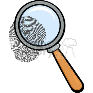  The clipart image you provided features a magnifying glass positioned over a detailed fingerprint, giving the appearance of investigating or examining the fingerprint closely. The magnifying glass has a black rim and a brown handle, while the fingerprint has the characteristic swirls and ridges. 