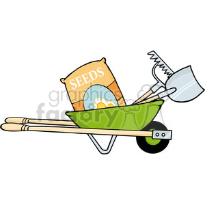 This clipart image features a green wheelbarrow loaded with a large packet labeled SEEDS, behind which a handle of a rake and a shovel are visible, suggesting gardening activities typically associated with spring.