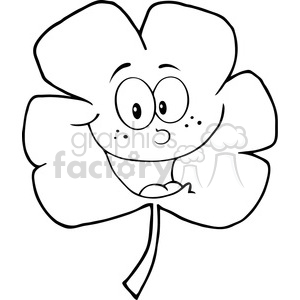   The image is a black and white clipart featuring a cartoon drawing of a four-leaf clover with an anthropomorphic face. The clover has two big, expressive eyes, a happy smile, and blushed cheeks, which gives it a cute and friendly appearance. The stem of the clover is drawn with a simple line, and the overall style of the drawing is playful and whimsical, likely designed to invoke a sense of fun in relation to St. Patrick